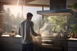 © Liaisan - Young African American man is preparing breakfast. Healthy food. View from the back of a young African American man while cooking in the kitchen.
