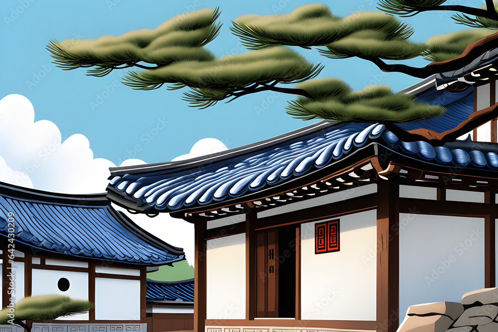 Illustration Stock Korean style, Hanok, house, blue sky, historical ...