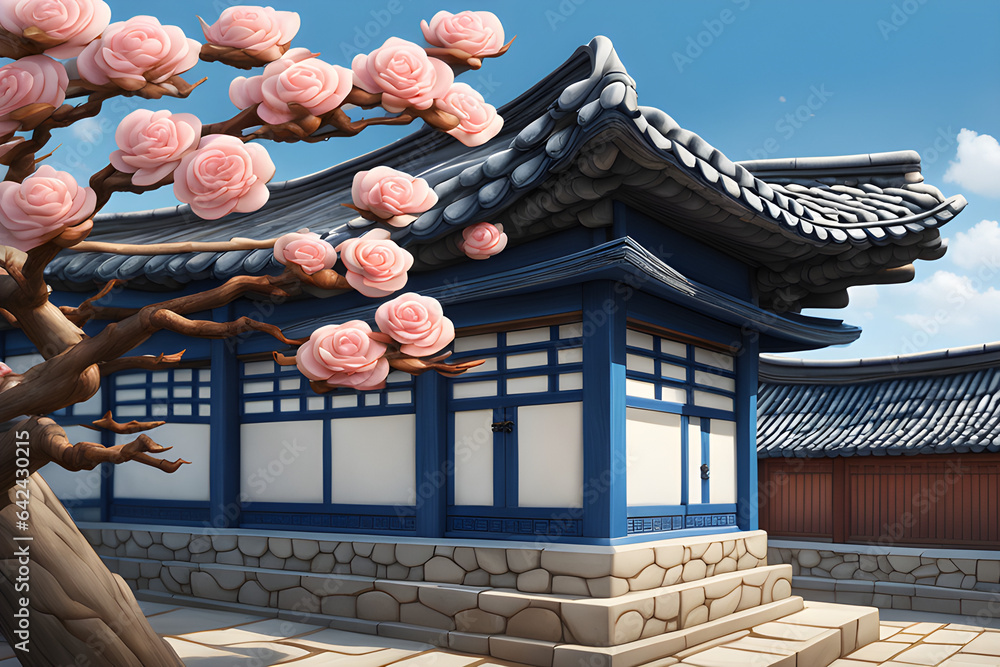 Korean style, Hanok, house, blue sky, historical, old, cool, realistic ...
