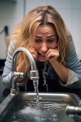 Wall Mural - Funny exhausted family woman is fixing the faucet in the sink. Generative AI