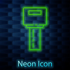 Sticker - Glowing neon line Car key with remote icon isolated on brick wall background. Car key and alarm system. Vector