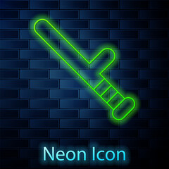 Sticker - Glowing neon line Police rubber baton icon isolated on brick wall background. Rubber truncheon. Police Bat. Police equipment. Vector