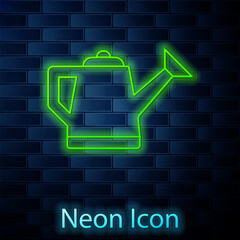 Wall Mural - Glowing neon line Watering can icon isolated on brick wall background. Irrigation symbol. Vector