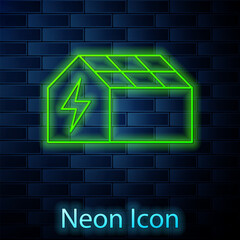 Sticker - Glowing neon line Solar energy panel icon isolated on brick wall background. Vector