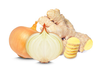 Wall Mural - ginger rhizome with onion isolated on white background