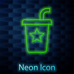 Poster - Glowing neon line Paper glass with drinking straw and water icon isolated on brick wall background. Soda drink glass. Fresh cold beverage symbol. Vector