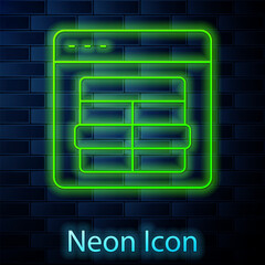 Glowing neon line MySQL code icon isolated on brick wall background. HTML Code symbol for your web site design. Vector