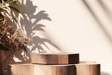 Empty Natural Wooden Log With Wood Grain Podium For Organic Products Overlay Display Under Sunlight With Foliage Leaves Shadow On Beige Wall In Background. Generative Ai.