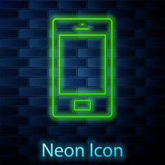 Poster - Glowing neon line Smartphone, mobile phone icon isolated on brick wall background. Vector