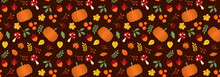 Autumn Pattern. Textile Background Of Autumn Leaves, Pumpkin And Viburnum Berries.