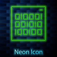 Sticker - Glowing neon line Binary code icon isolated on brick wall background. Vector