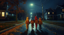 Kids In Halloween Costumes Walking Down The Street For Trick Or Treat During Halloween Night. Back View, Spooky Pumpkin Backpack. Boys, Girls, Group Of People. AI Generative.