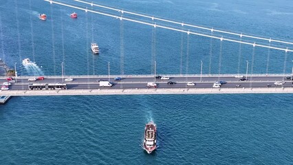 Sticker - Istanbul, Turkey. Istanbul Canal, Bosphoros canal and Bosphorus Bridge known officially as the 15 July Martyrs Bridge. Drone Point of View