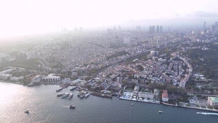 Poster - Istanbul panorama, Turkey. Istanbul Canal, as well as Bosphoros canal. Sunset time. Cityscape in Background. Drone Point of View