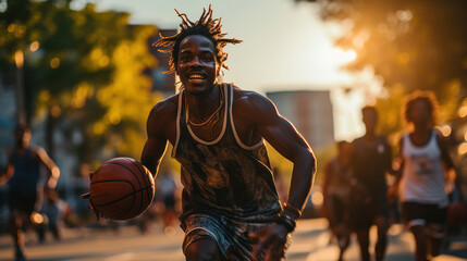 Wall Mural - Young people playing basketball on the street