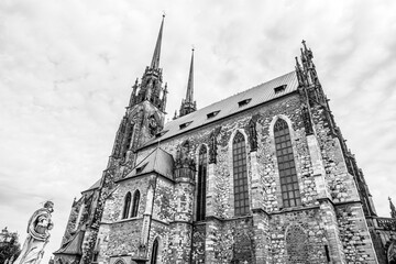 The medieval gothic cathedral of Saints Peter and Paul located on Petrov hill in Brno, Moravia, Czech Republic in black and white