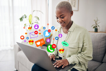 Sticker - Laptop, social media icon or happy woman typing for communication, message or online chat. Emojis, notification overlay or African person on app to scroll on dating website or digital network at home