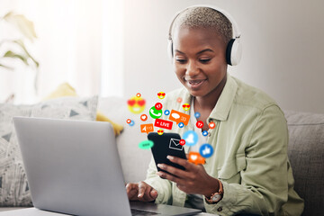 Sticker - Laptop, social media icon or woman with phone for communication, message or online chat. Headphones, notification emojis or African person streaming music on mobile app on website or network at home