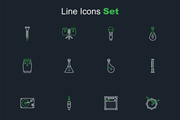 Set line Drum with drum sticks, Guitar amplifier, Audio jack, Vinyl player vinyl disk, Flute, Bandura, Balalaika and Conga drums icon. Vector