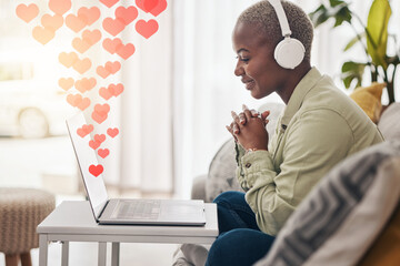 Sticker - Laptop, heart emoji or happy woman typing for communication, social media or online dating. Headphones, love icon message or African person streaming music to chat on web or digital network at home