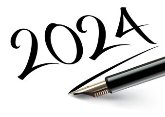 Vœux 2024 inscrit sur un papier blanc à l’encre noir avec un stylo plume et souligné comme une signature.