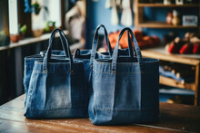 Handbags Made From Old Jeans On A Dressmaker Table. DIY, Denim Upcycling, Using Old Jeans, Upcycle Denim Stuff. Sustainable Lifestyle, Hobby, Crafting, Recycling, Zero Waste Concept