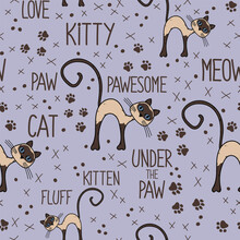 Adorable Siamese Cat Pattern. Animal Design With Paw Prints And Lettering. Seamless Vector Pattern On Purple Background. Happy Domestic Kitten Drawing.