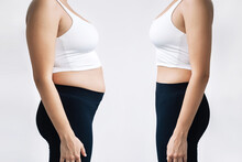 Woman In Profile With A Belly With Excess Fat And Toned Slim Stomach Before And After Losing Weight On Gray Background. Result Of Diet, Liposuction, Training. Getting Rid Of Overweight. Comparison