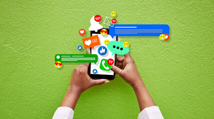 Poster - Phone, person hands and social media emojis for online network, contact or application feedback. Cellphone, closeup and user typing post, communication and like notification on green background wall