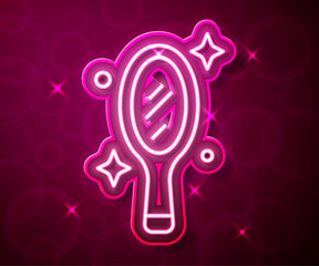 Sticker - Glowing neon line Magic hand mirror icon isolated on red background. Vector