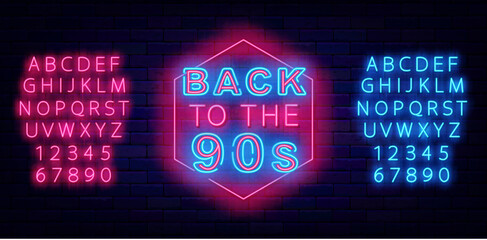 Wall Mural - Back to the 90s neon sign. Pink honeycomb frame. Party celebration. Holiday concept. Vector stock illustration