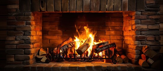 Sticker - Cosy interior decoration in house with warm orange flame from burning logs in brick fireplace