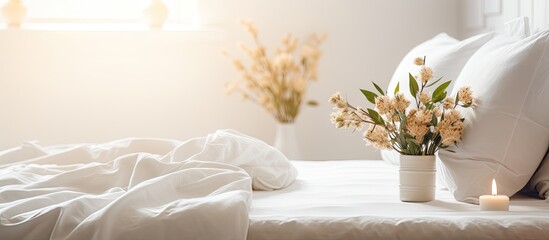 Poster - A cozy bed with beige linen is placed in a bright white bedroom with flowers on a bedside table