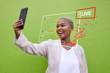 Canvas Print - Phone selfie, live streaming video and black woman with heart emojis, media icons and social network feedback. Cellphone recording, content creator and influencer broadcast on green background wall