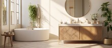 A Sunny Modern Bathroom Featuring Herringbone Ceramic Tiles A Wooden Sink Cabinet A Round Mirror And Glass Partitions With Gold Decorations