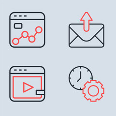 Sticker - Set line Mail and e-mail, Video advertising, Time management and Market analysis icon. Vector