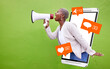 © Chanelle Malambo/peopleimages.com - Megaphone communication, black woman or phone icons, social media emoji or advertising announcement. Cellphone notification, feedback opinion speech or African speaker scream on green background wall