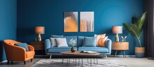 Contemporary Living Room Adorned With Blue Artwork And Dark Blue Walls