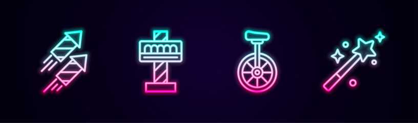 Poster - Set line Firework rocket, Attraction carousel, Unicycle and Magic wand. Glowing neon icon. Vector