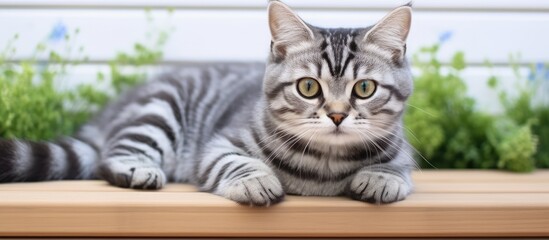 Sticker - A pet cat with gray stripes lounges indoors