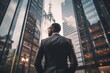 © Stavros - Back view of an African-American businessman in a formal suit against the backdrop of skyscrapers in the business district of the city. Success and prosperity. Hard work in finance.