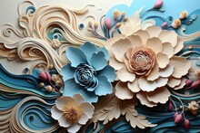 Blue And Beige Flowers In Paper Cut Style. Floral Quilling. Spring Postcard