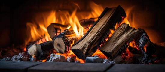 Poster - Close up of firewood burning in a fireplace