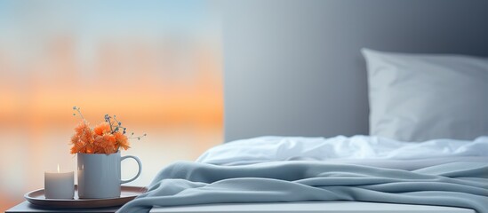 Poster - Blurry bedroom background with a tabletop
