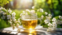 Glass Cup With Natural Jasmine Tea On Wooden Table Among Blooming Jasmine Branches Outdoor In Garden, Close-up, Selective Focus.
