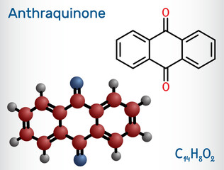 Poster - Anthraquinone, anthracenedione or dioxoanthracene molecule. It is aromatic organic compound, quinone class. Structural chemical formula, molecule model. Vector