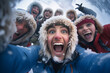 wefie of friends with smile and happy face in ice land, crowded, hyper realistic, beautiful dreammy light, bright eyes, north pole background, snow mountain, aurora, funny face, fish eye lense,