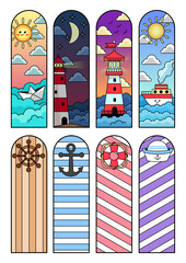 Bookmarks flat icons set. Strip of leather, cardboard, or other material for mark place in book. Fluffy tassel, bookmark with christmas and halloween design. Color isolated illustrations