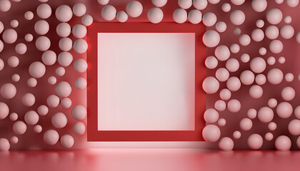 Wall Mural - frame on the wall, Textured intricate wall in light red and white tones, futuristic Geometric background, Abstract summer background with light mock up square in the middle and pink balls flying aroun