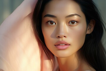 Sticker - A Glowing Glimpse into Wellness: An Intricate Close-up Portrait of an Asian Beauty
